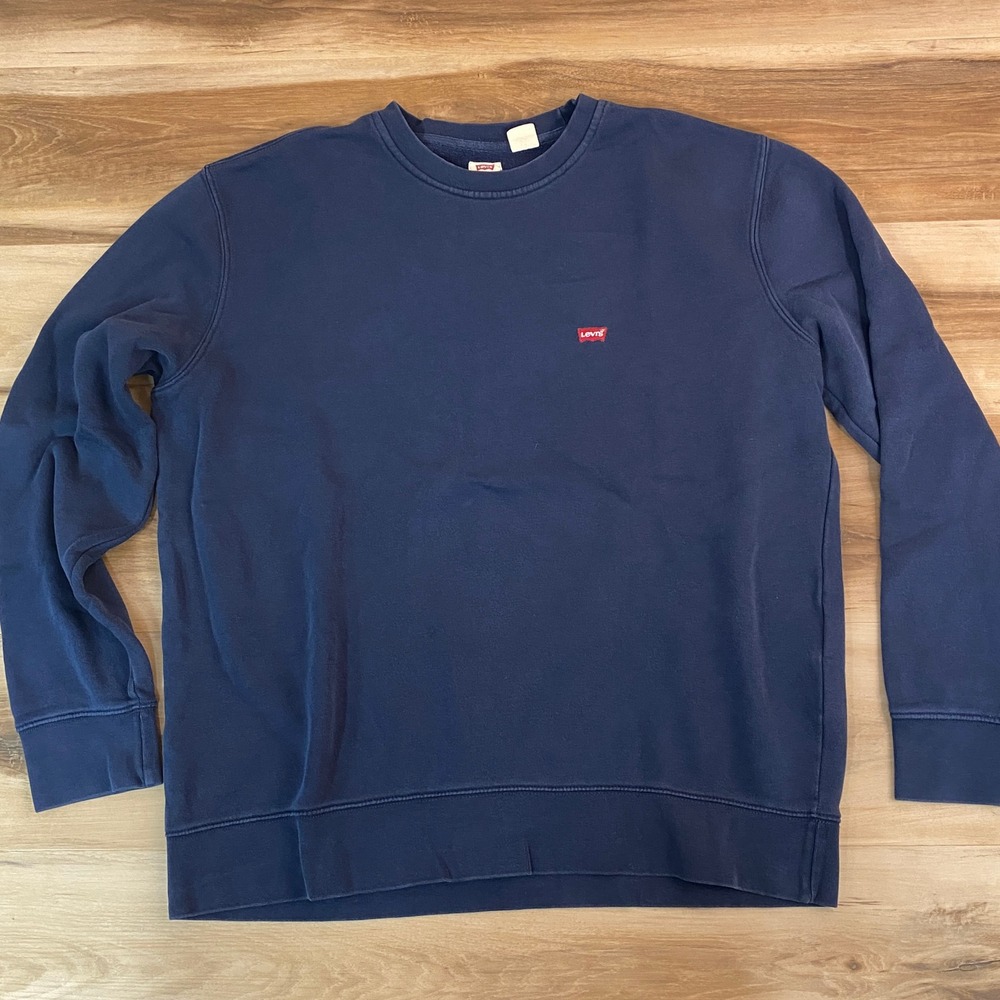Levis Mens Standard Fit Crewneck Sweatshirt Large Navy Blue Red Batwing Logo